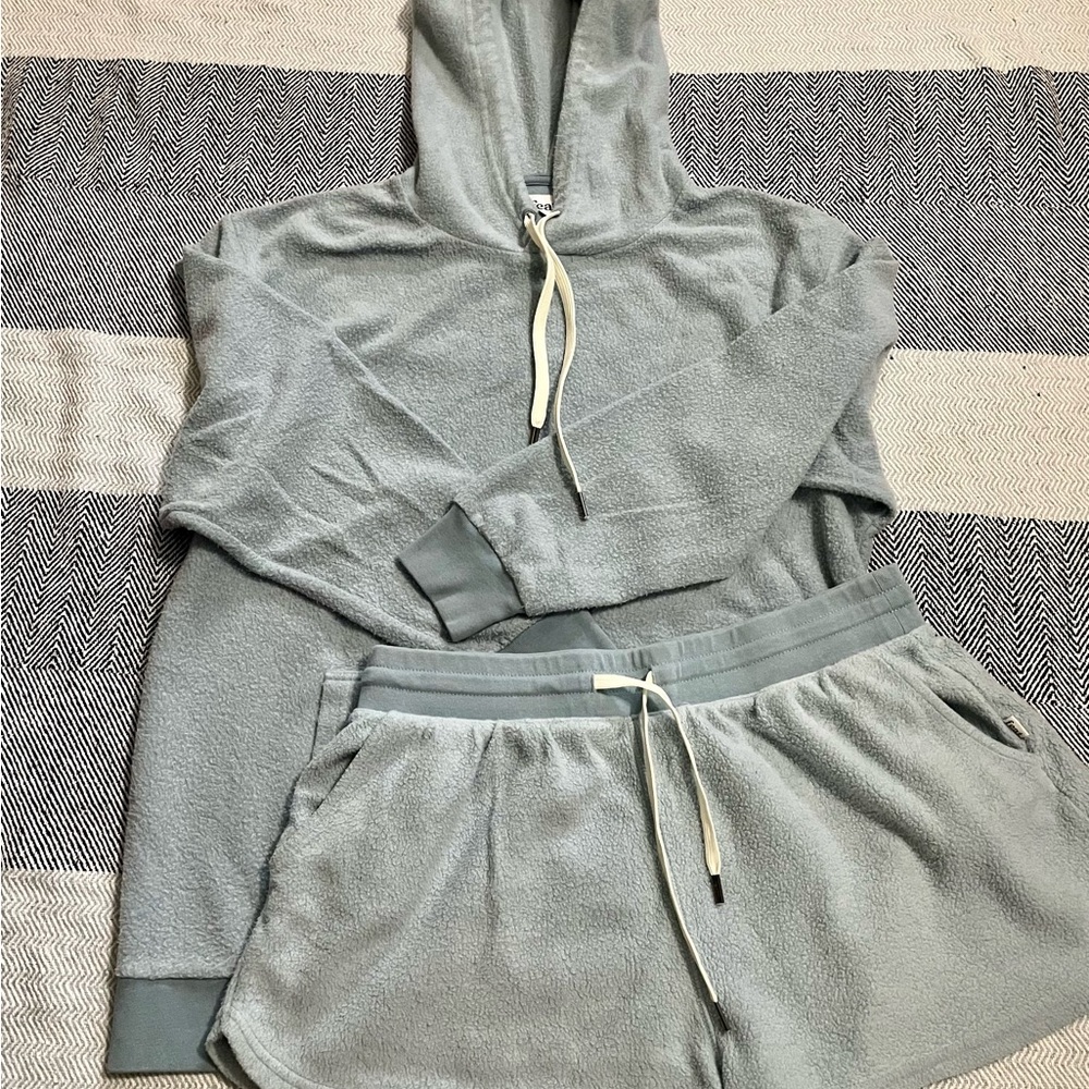Women's light blue fear blanket blend hoodie and short set.